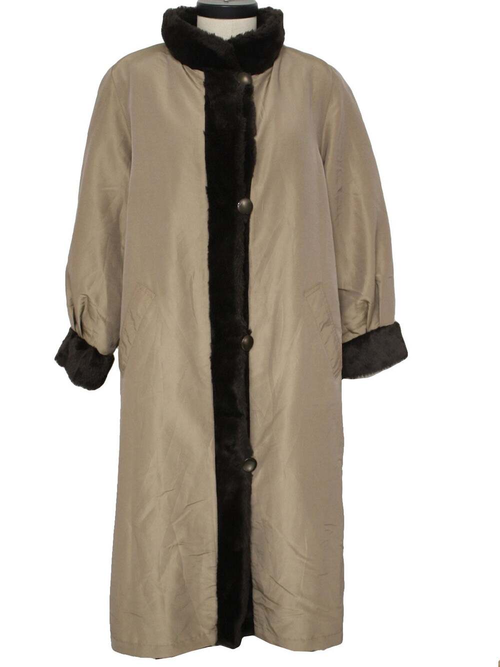 Vintage 70s Faux Fur Trench Coat Reversible Tan Rain Jacket Women’s Large